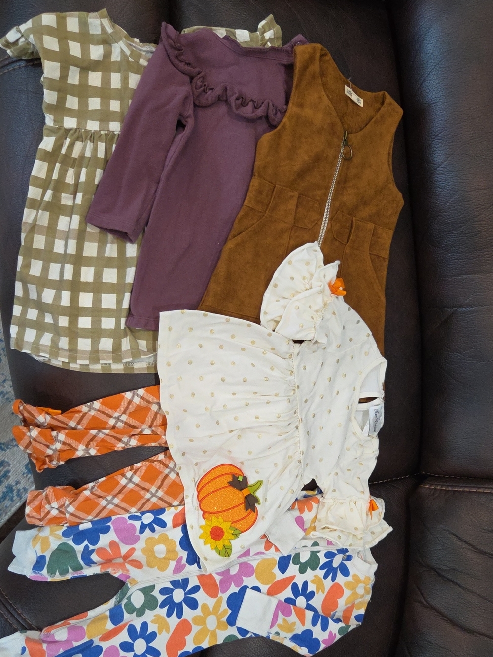 18-24Mts. Girls Fall Outfits - Brown Suede Dress & Floral Little James, Hannah A